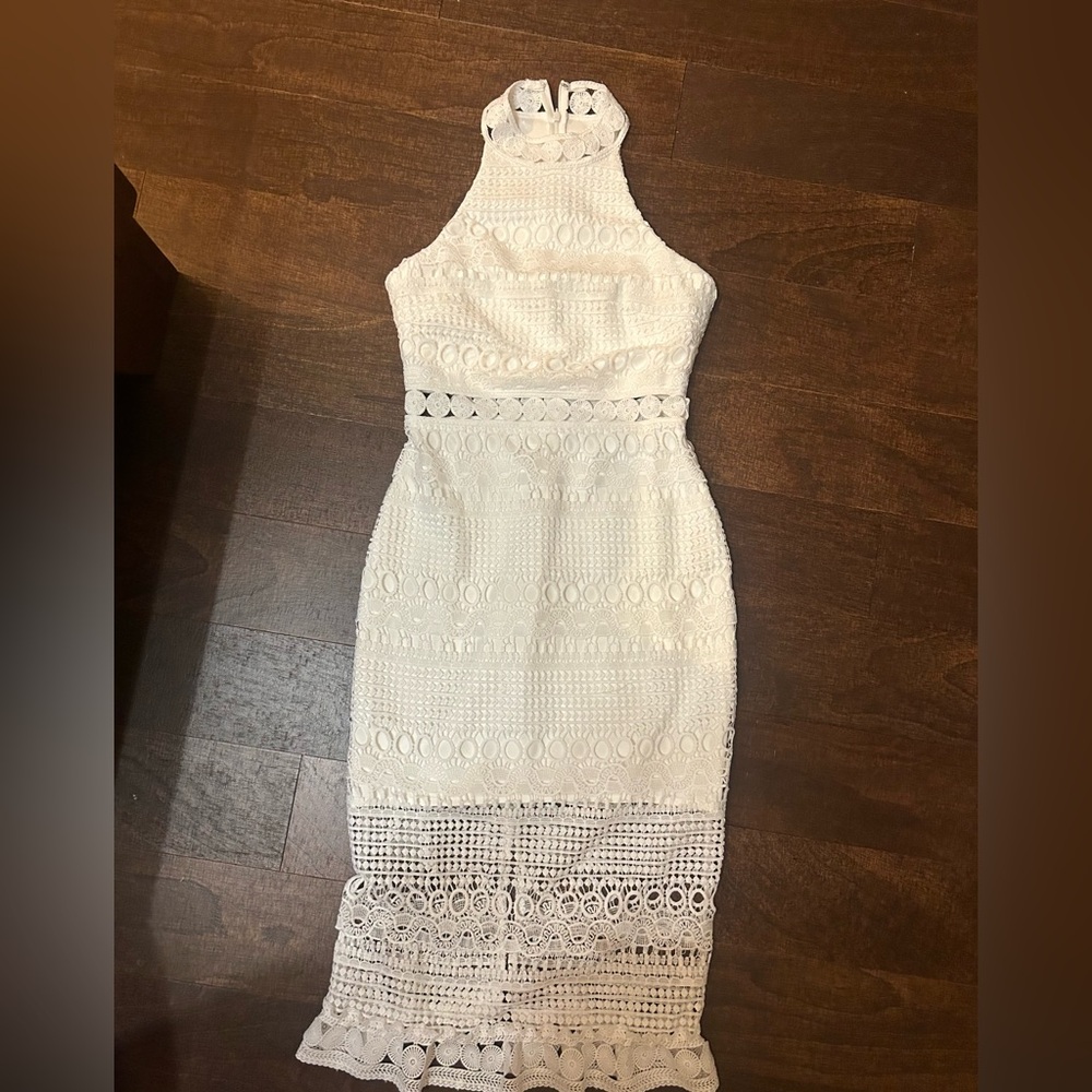 White lace dress worn for bridal shower